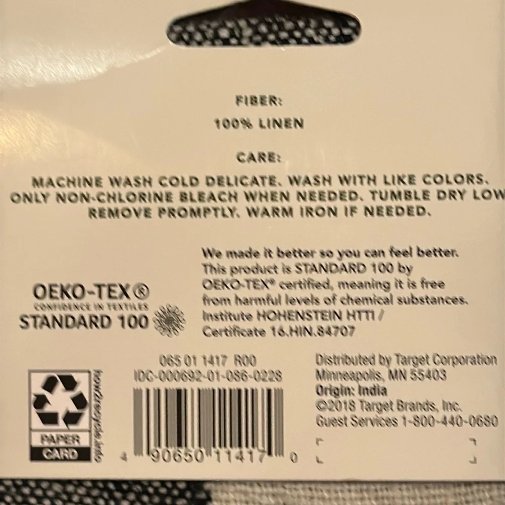 NWT Smith & Harken 100% Linen Table Runner 18” x 60” Black Cream Oeko-Tex NEW